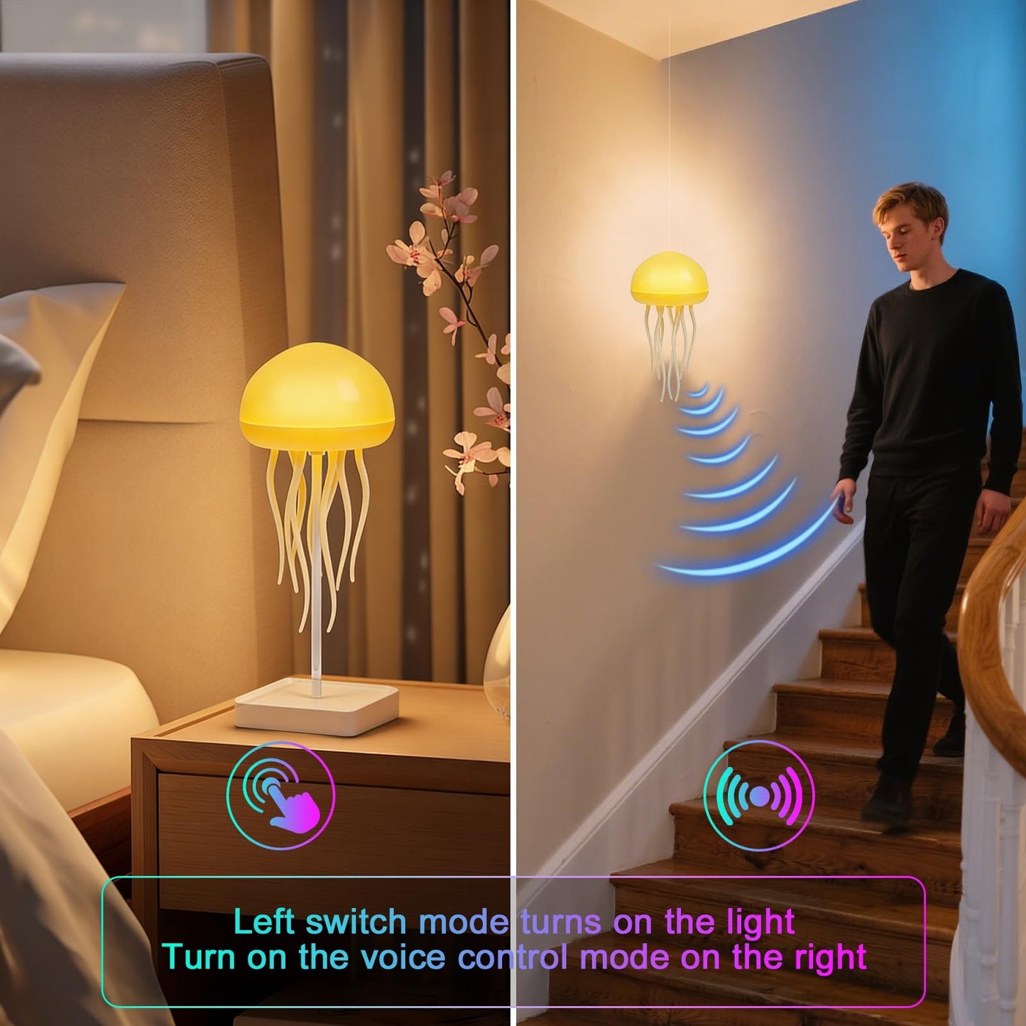 Jellyfish Lamp, Jellyfish Night Light with Touch Sensor, RGB Jellyfish Table Lamp, Rechargeable Jellyfish Bedside Lamp with Voice Control, Cute Desk Lamp for Bedrooms, Living Room (Hanging + Base)