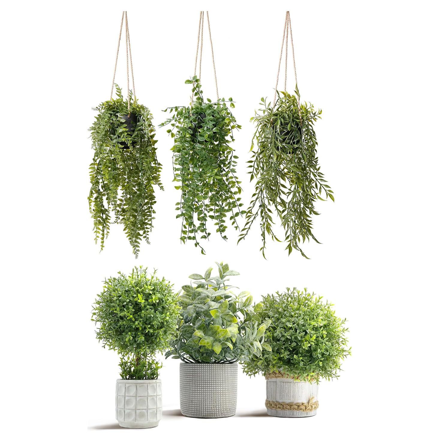 PENGYEE Fake Plant Indoor Set, 3Pcs Fake Hanging Plants with Pots and 3Pcs Small Artificial Plants Boxwood Topiary in Cement Planter for Home Bathroom Kitchen Farmhouse Office Shelf Desk Room Decor