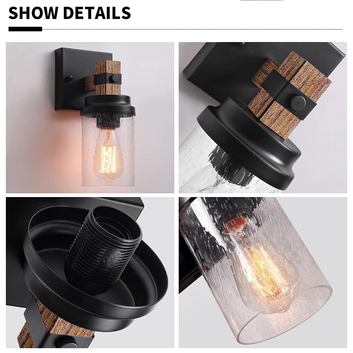 1-Light Rustic Wall Sconces Farmhouse Bathroom Light Fixtures Over Mirror, Handmade Wood Vanity Light Fixtures with Pretty Glass Shade, Wall Sconce for Bathroom Hallway Bedroom