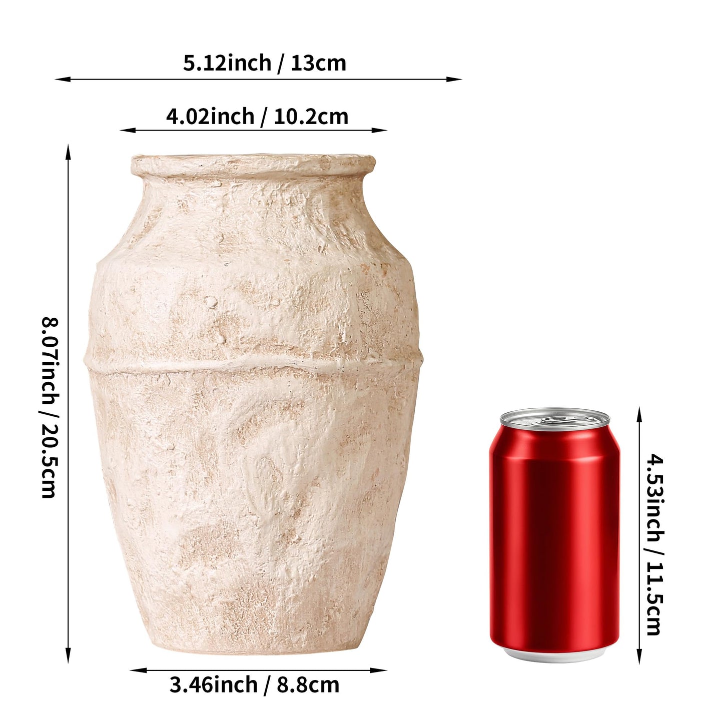 Ceramic Flower Vase, 8.07 Inch (20.5 cm) - Retro Beige Textured Rustic Farmhouse Decorative Vase for Living Room, Table, Fireplace, Kitchen & Home Centerpiece