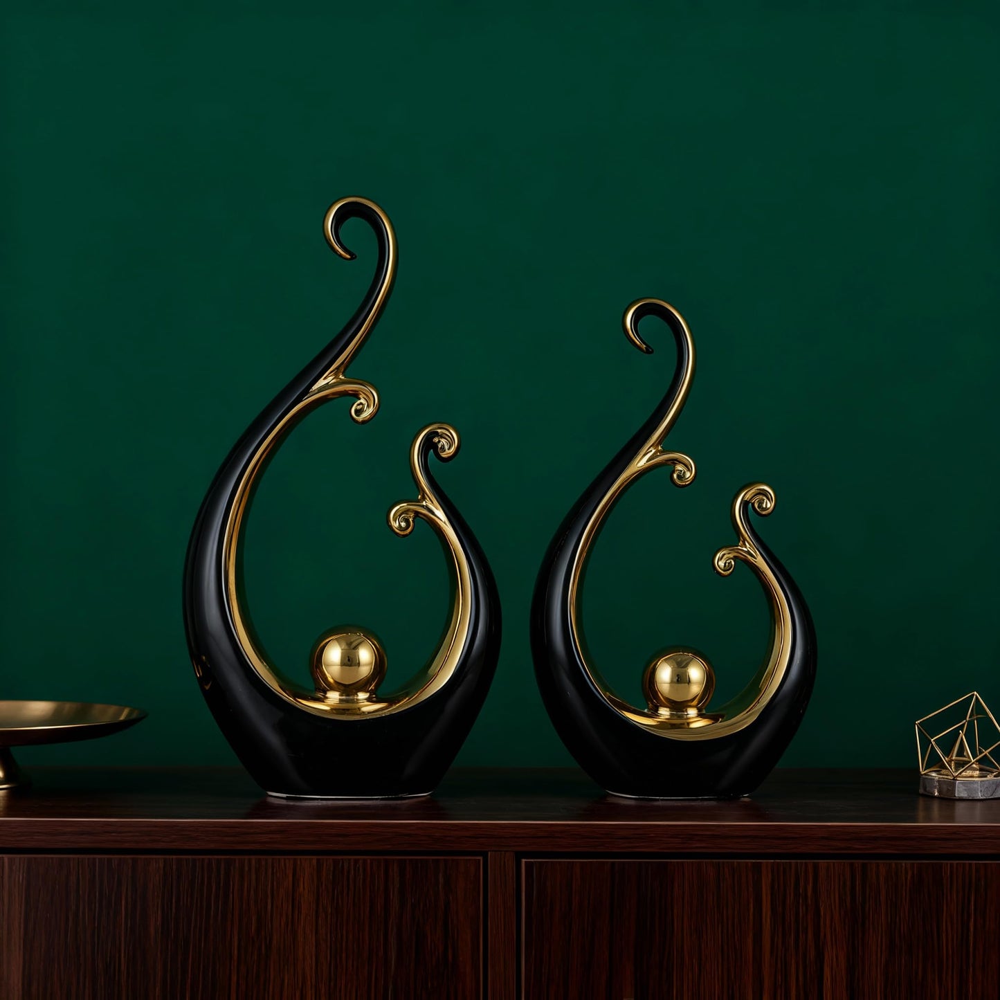 DOVDOV Black and Gold Home Decor, Abstract Ceramic 2-Piece Sculpture Set, Modern mid-Century Art Statues, Perfect for Accent Tables, countertops, Coffee Tables, and entryway Decor.