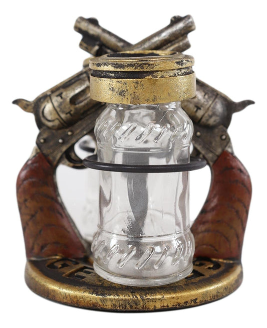 Ebros Gift Rustic Western Cowboy Outlaw Decorative Dual Six Shooter Gun Pistols Decorative Base Holder with Bullet Casing Top Glass Salt and Pepper Shakers Sculpted Resin Figurine Set