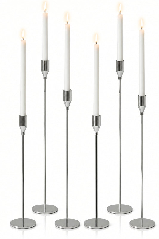 Pickood Upgraded Chrome Taper Candle Holders Set of 6, Luxury Silver Long Skinny Candlestick (Heights: 9/11/13 Inch), Heavy Iron Anti-Slip Base for Fireplace Mantle Table Centerpiece Dining Decor