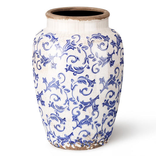 LemonRoad 10.6" Ceramic Flower Vase, Vintage Chinoiserie Ice-Cracked Glaze Porcelain Floral Vase with Non Slip Protective Pad, for Home Wedding Arrangement Decor(Blue,Floral Pattern)