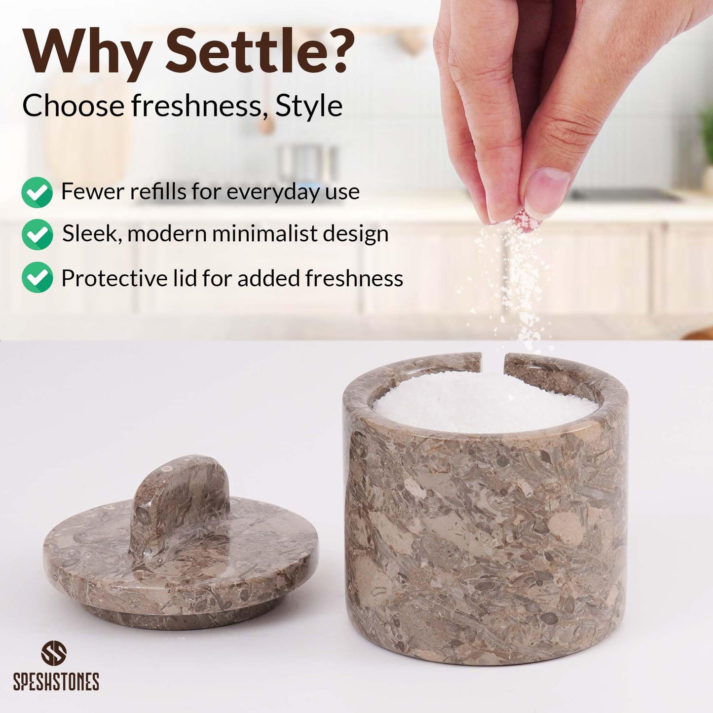 SPESHSTONES Marble Salt Cellar Handmade 4 Inch Salt Containers for Countertop - 5.2 Oz Salt Holder, Marble Sugar Bowl with Lid and Spoon, Spice Jars for Seasoning Container, Stone Salt Box