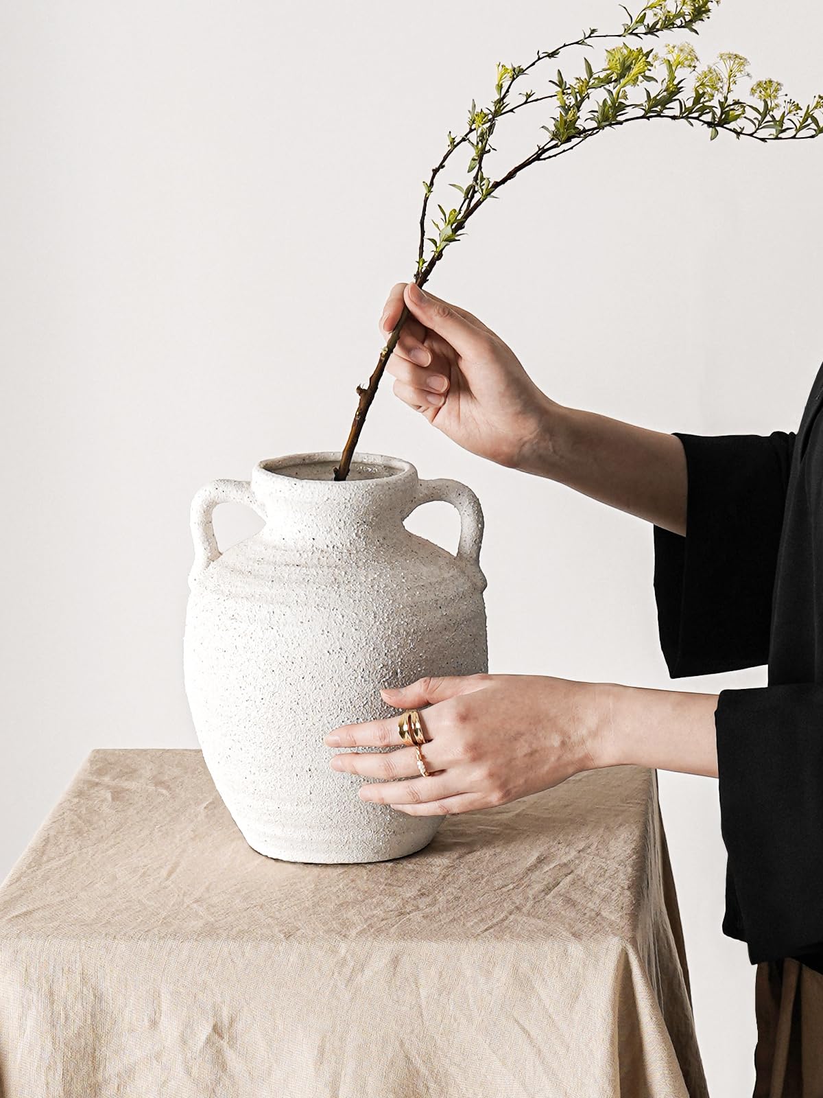 White Ceramic Vase with Handles, 9.5" Large Farmhouse Flower Vase - Rustic Centerpiece for Living Room, Bookshelf, Mantel, Entryway, Table & Wedding Home Decor (Rock Sand White)