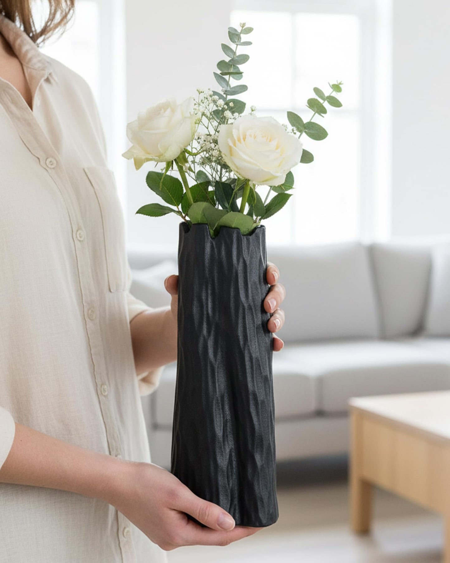 OOSTONEE Matte Black Flower Vases Home Decor, Unique Designed Organic Nature Shape, Ceramic Flower Vase for Living Room, Entryway Table Decor, Bookshelf Decor (10.7 inch)