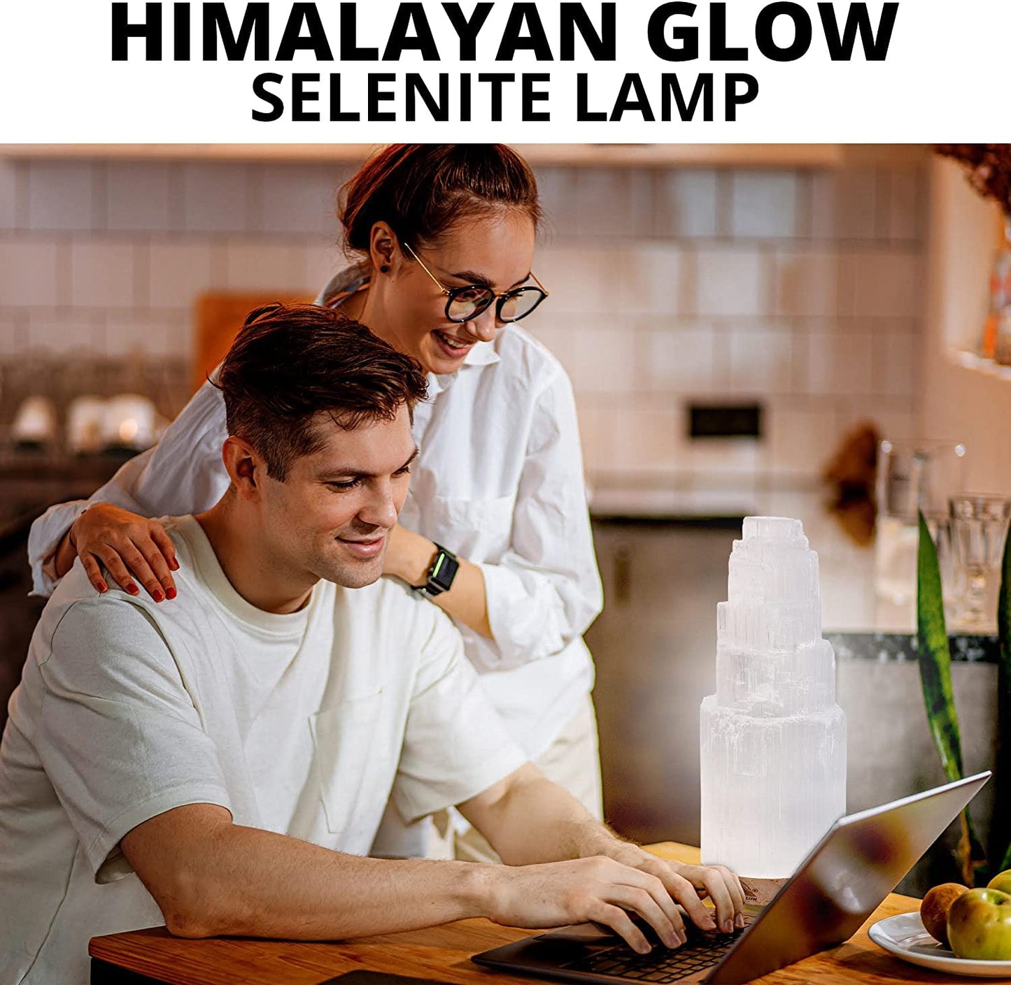 Himalayan Glow Selenite Crystal Lamp 20cm, Moroccan (ETL Certified) Tower Lamp with Wooden Base & USB Charging Cable, Anxiety Relief Healing Crystals for Home Decor