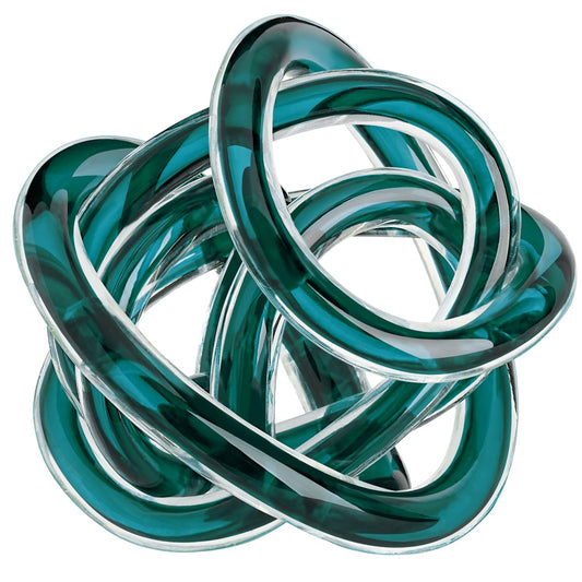 Torre & Tagus Orbit Hand Blown Glass Infinity Knot Sculpture - 4.5 Inch Glass Art Teal Knot Decor Ball for Home Decor, Small Centerpiece Table Decoration for Home Interior (Clear Teal)