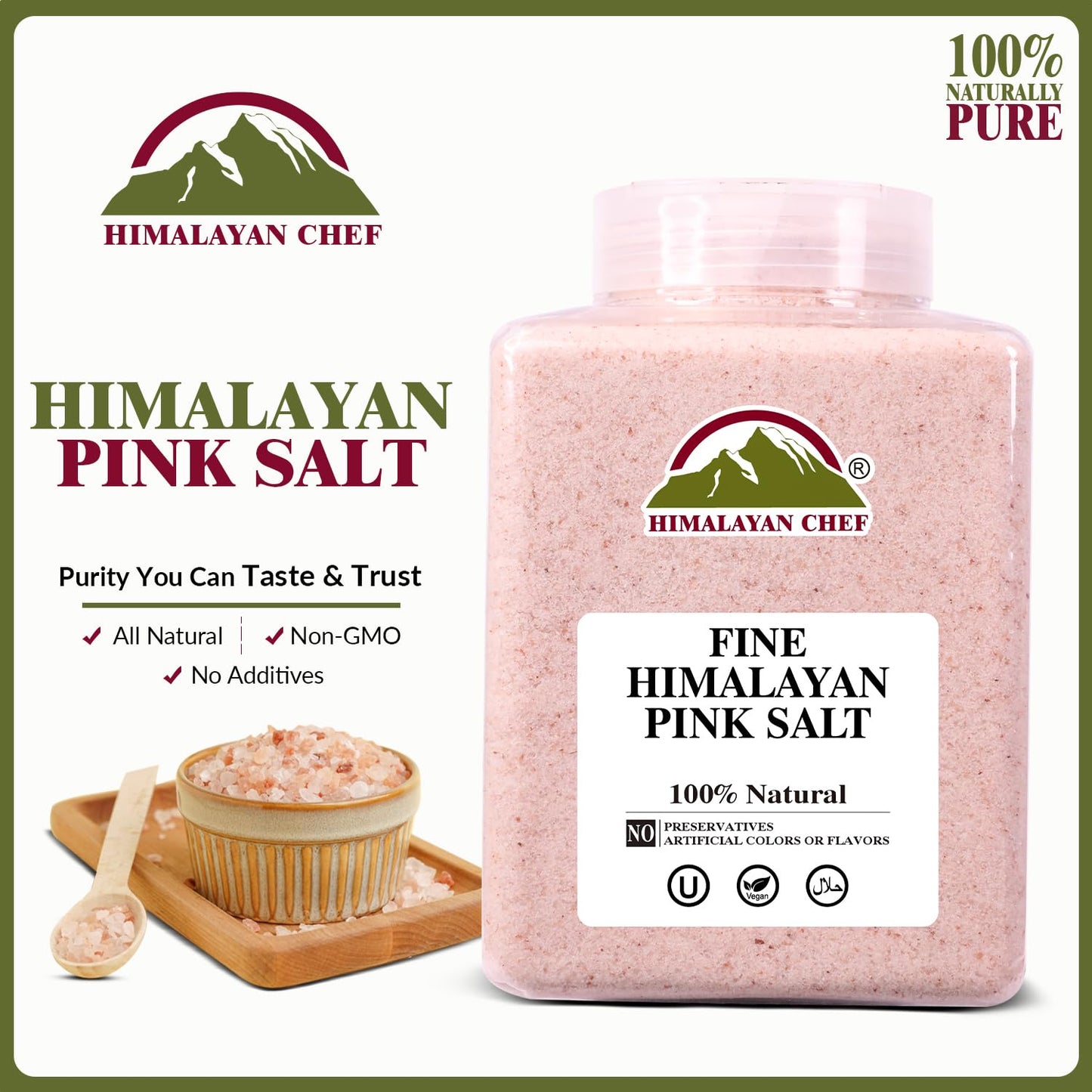 Himalayan Chef Himalayan Pink Salt - 5 lbs Fine Grain Plastic Jar - 100% Natural and Pure Gourmet Crystal - Contains 84 Essential Minerals | Kosher and Vegan Certified