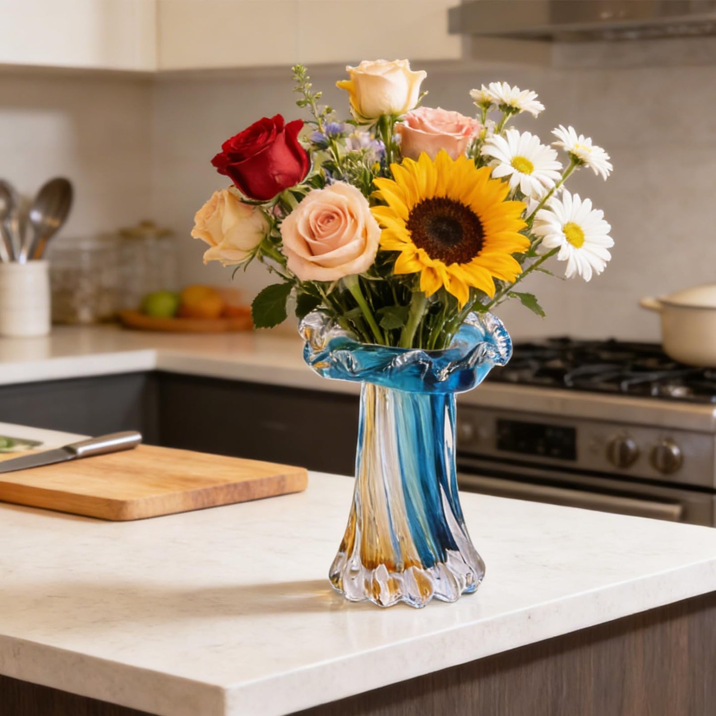 Unique Blue & Gold Hand Blown Art Glass Vase - Blue & Gold Sculptural Flower Vase for Centerpieces, Home Decor & Living Room Table, Centerpieces & Gift