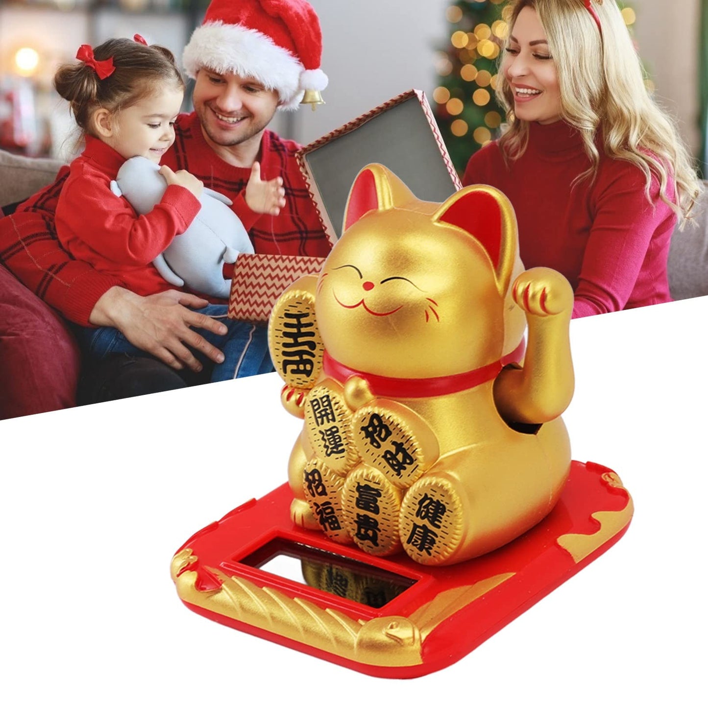 SASKATE Lucky Cat, Solar Powered Lucky Beckoning Maneki Neko Cat, Fortune Cat Statue Feng Shui Ornament for Home Car (Chinese Character Champagne)