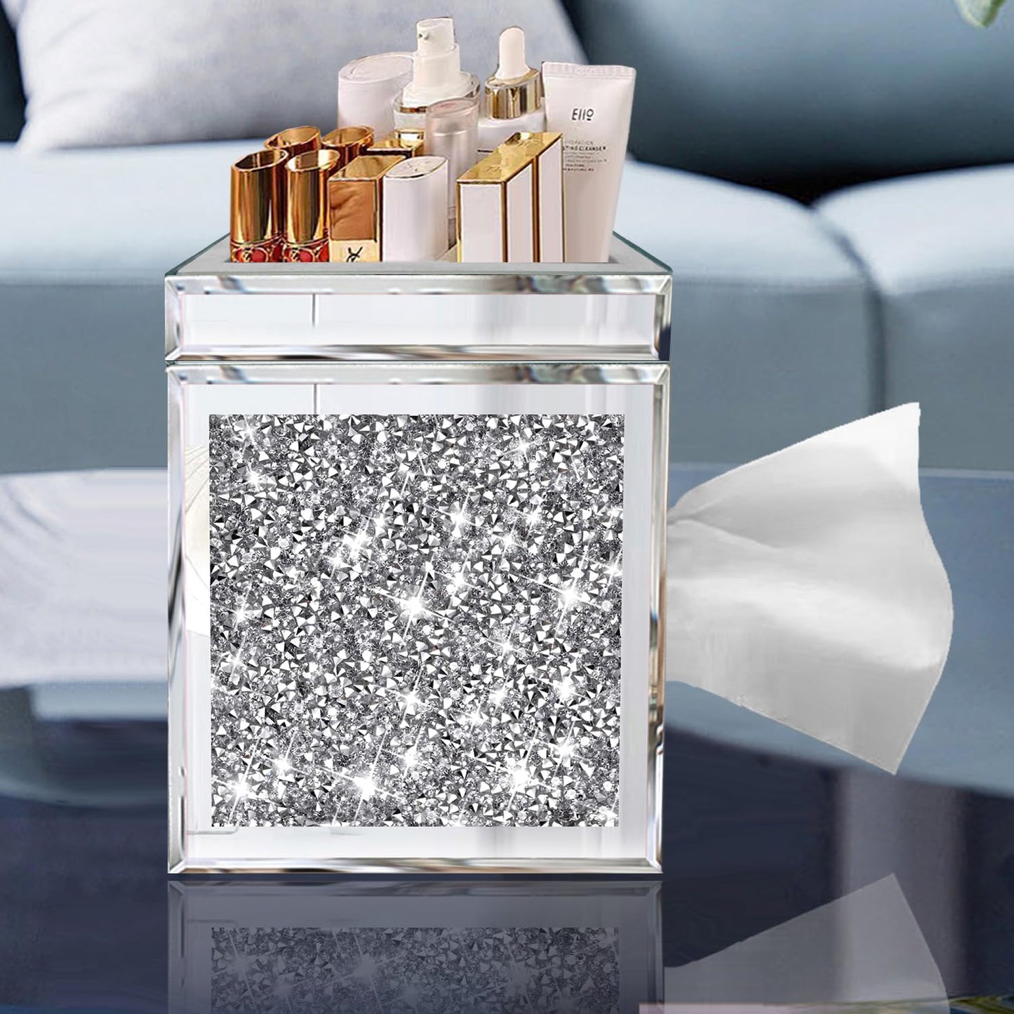 Wocred Square Tissue Box Cover Upgrades with Storage Tray,Crystal Crushed Diamond Tissue Box, Luxury Tissue Holders for Either Tissues in a Bathroom or Napkins on a Table.(6.5”x5.5”x5.5”)