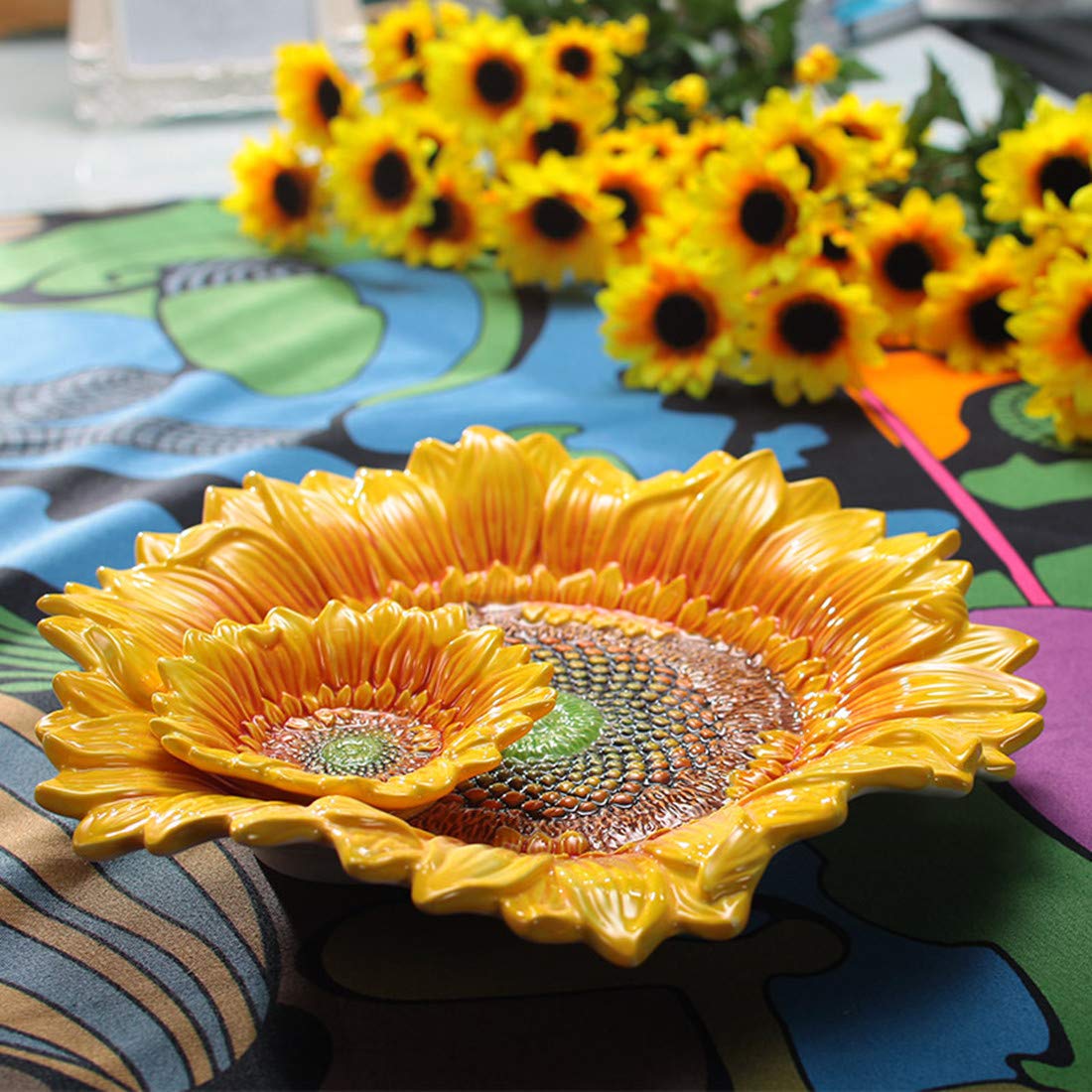 FORLONG Ceramic Chip & Dip Platter,11 inches Double Layer Hand-painted Yellow Decorated Plate -Sunflower