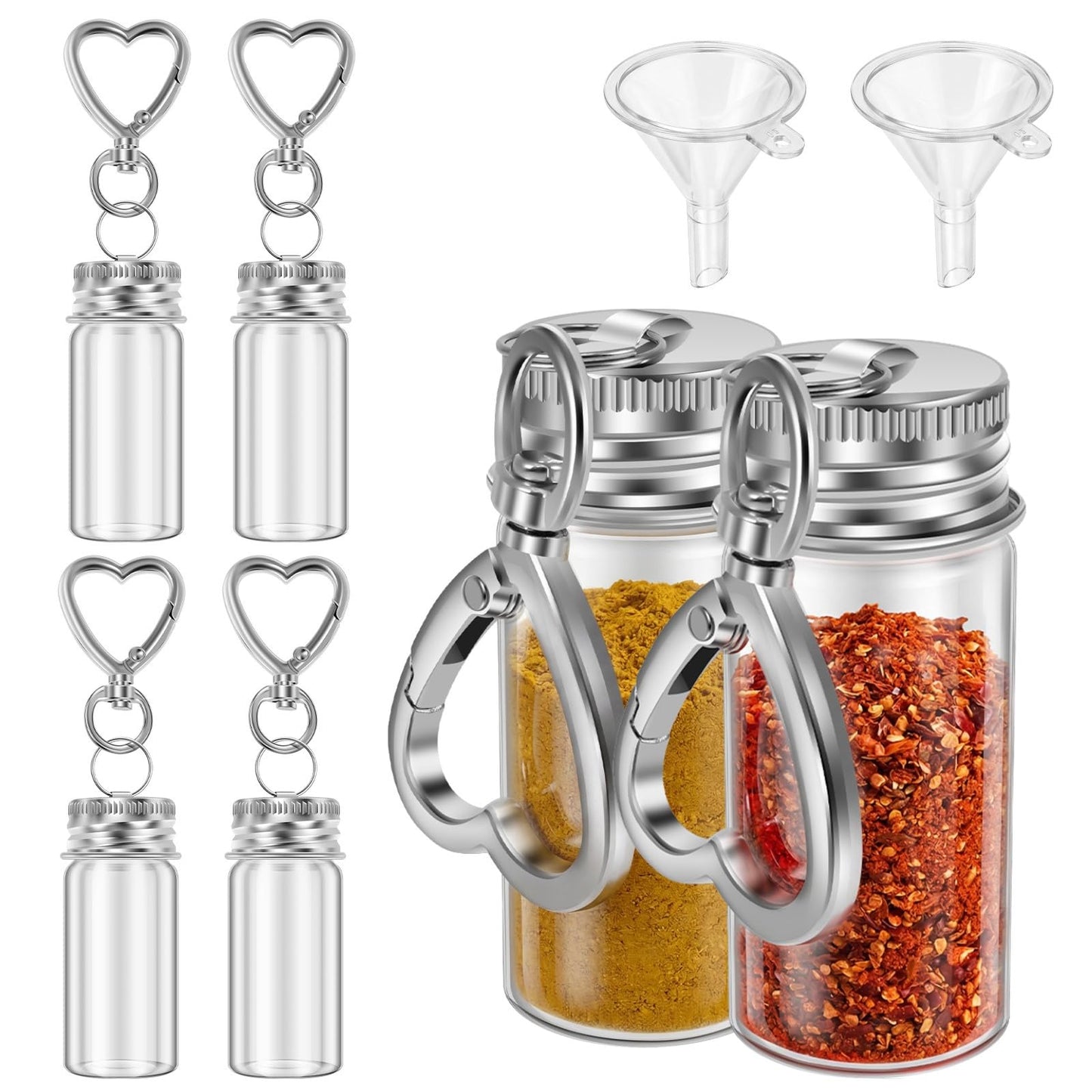 CQDAXUMY 6 Pcs Travel Salt Shaker, Mini Salt Keychain Bottle with Mini Funnel, Portable Clear Glass Spice Jar, Small Key Chain Travel Salt and Pepper Shakers for Camping, Office, Outdoor