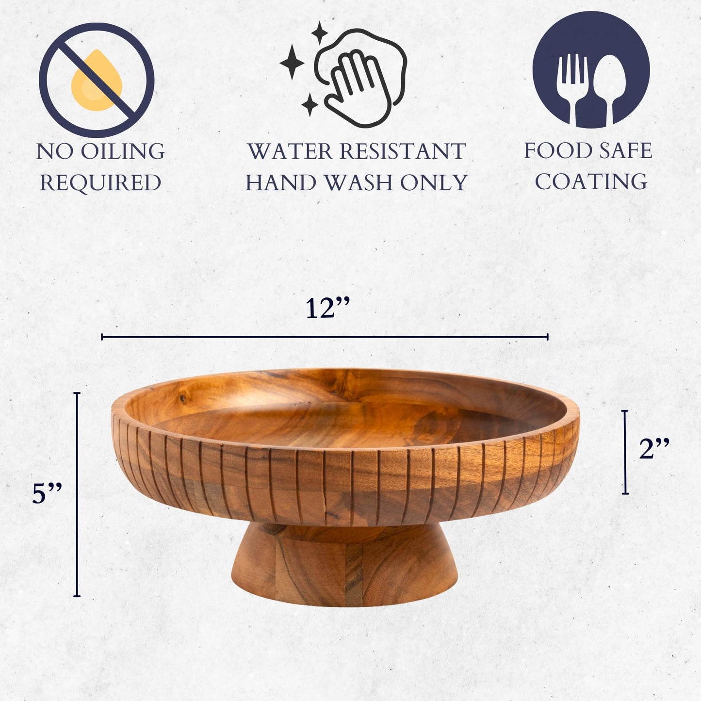 LAVAUK Acacia Wood fruit bowl with pedestal | 12" dia | Decorative bowl used as Centerpiece for kitchen counter or dining table | Wooden table decor| (Natural Finish)