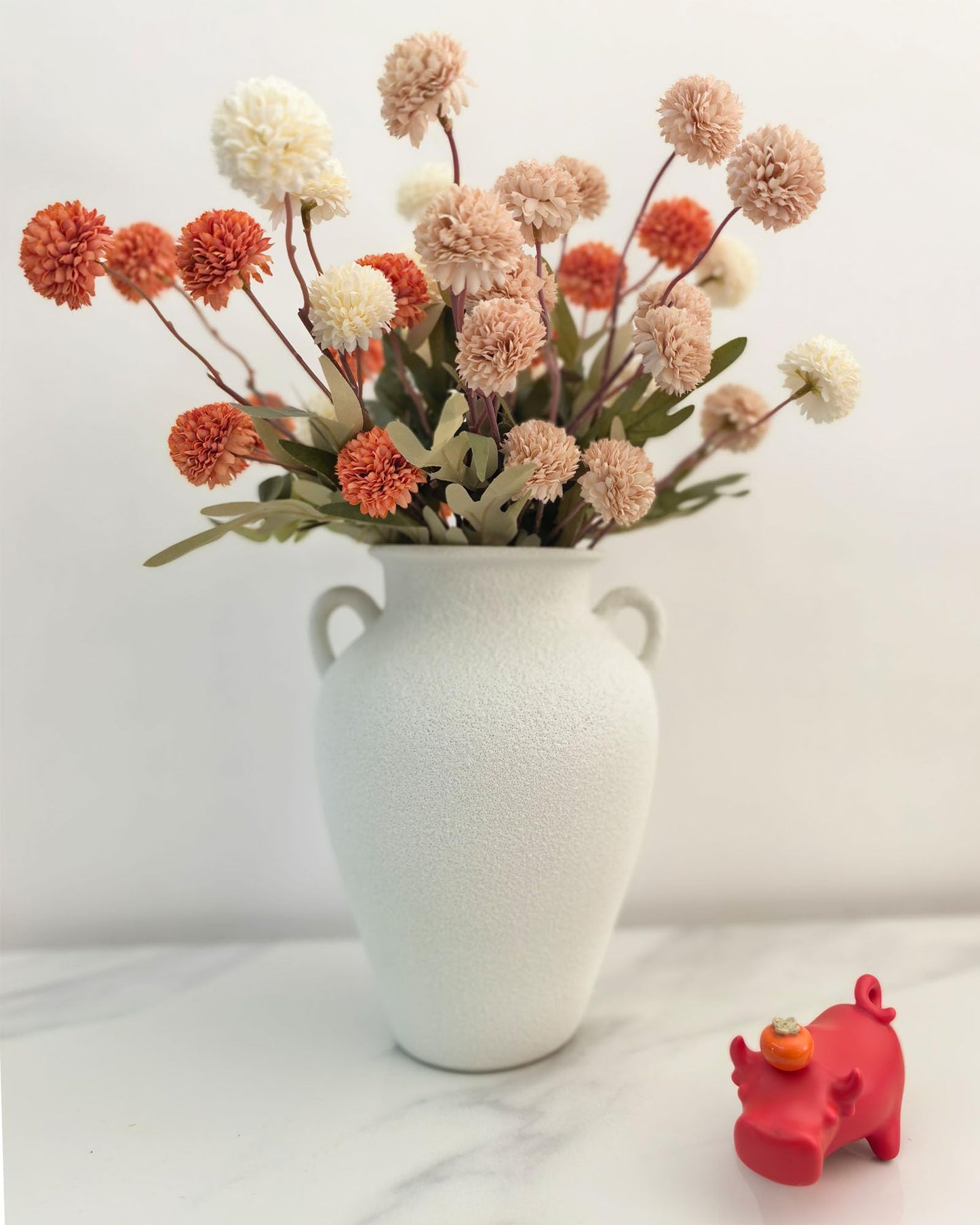 White Ceramic Pottery Barn Vase with Handles - 10" Large Decorative Terracotta Vase for Pampas Grass, Rustic Farmhouse Boho Vases for Home Decor, Living Room, Mantel, Table, Shelf