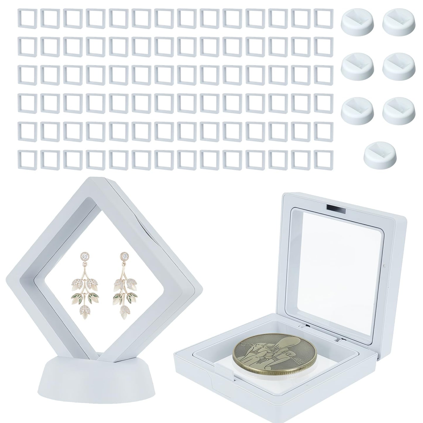 80 Pcs 3D Floating Frame Display Case, Challenge Coin Display Holder Stands, Clear PE Film Jewelry Shadow Box for Pins, AA Medallion, Military Medal, Shells, Rocks, Fossils, 2.8x2.8x0.8 Inch, White.
