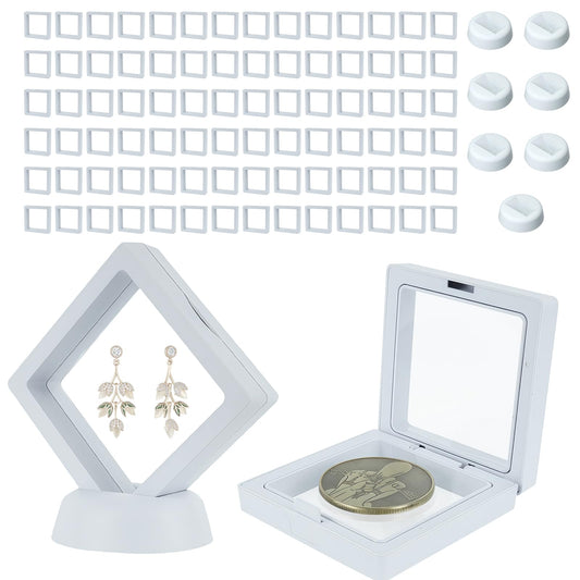 80 Pcs 3D Floating Frame Display Case, Challenge Coin Display Holder Stands, Clear PE Film Jewelry Shadow Box for Pins, AA Medallion, Military Medal, Shells, Rocks, Fossils, 2.8x2.8x0.8 Inch, White.