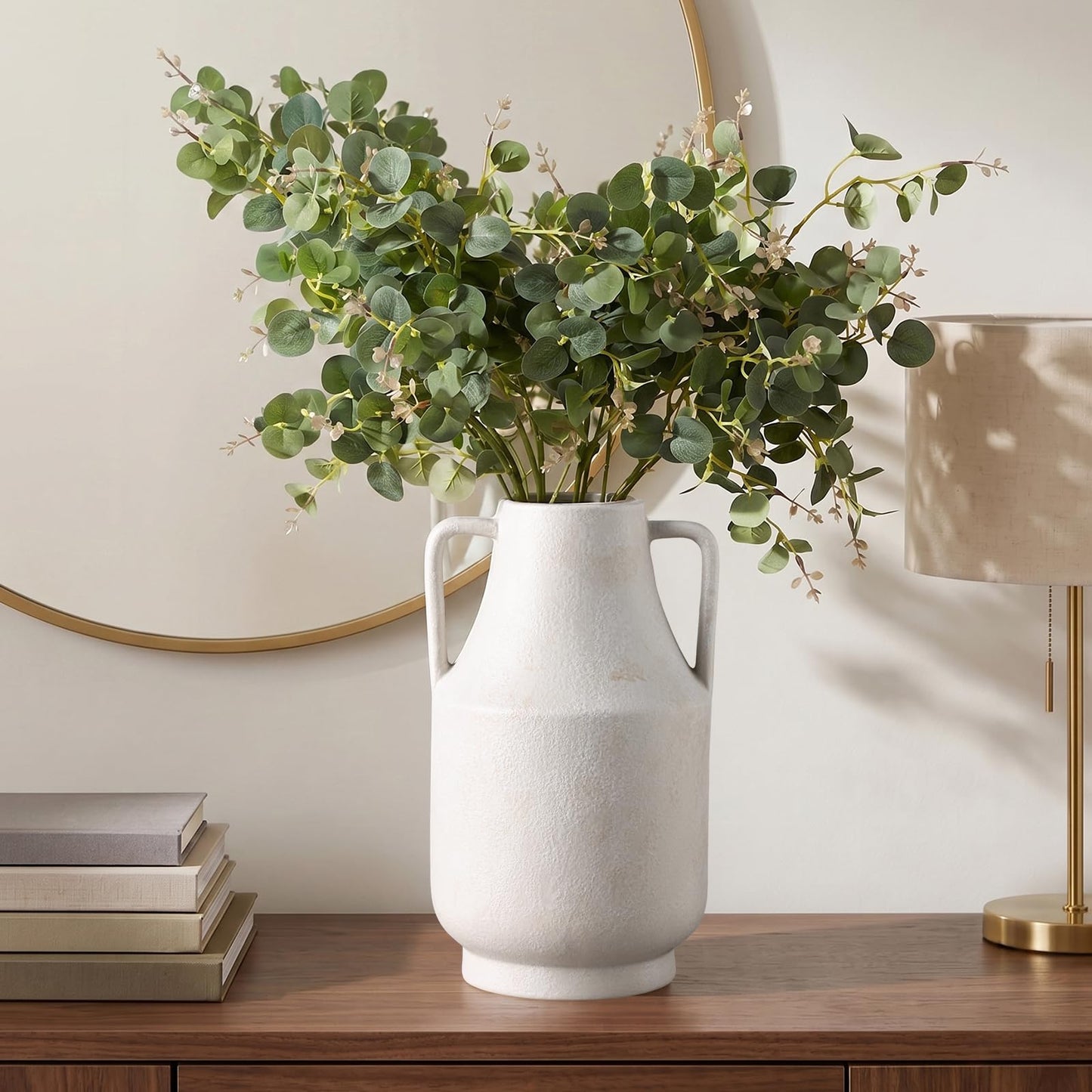 Ceramic Flower Vase with Handles, 11in Large Farmhouse Table Terracotta Vases, Waterproof Flower Pottery Vases for Home Decor, Living Room,Table, Handcrafted (Off-White)