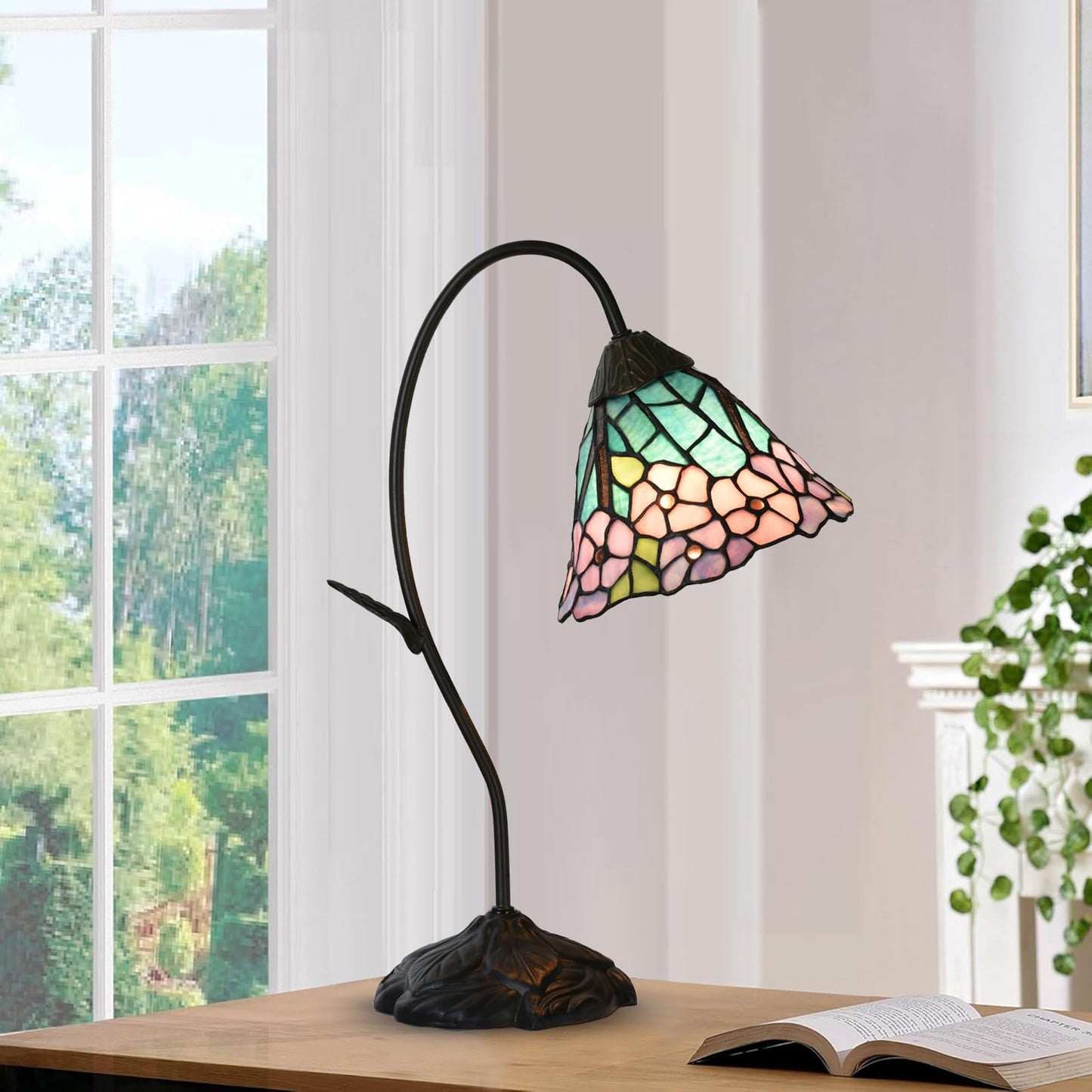 HomeBeauty TL0040 Tiffany Style Table Lamp,Handmade Stained Glass Hydrangea Desk Lamp,Vintage Gooseneck Accent Lamp,W 11.25" x H 19" for Bedroom Living Room,Nightstand,LED Bulb Included