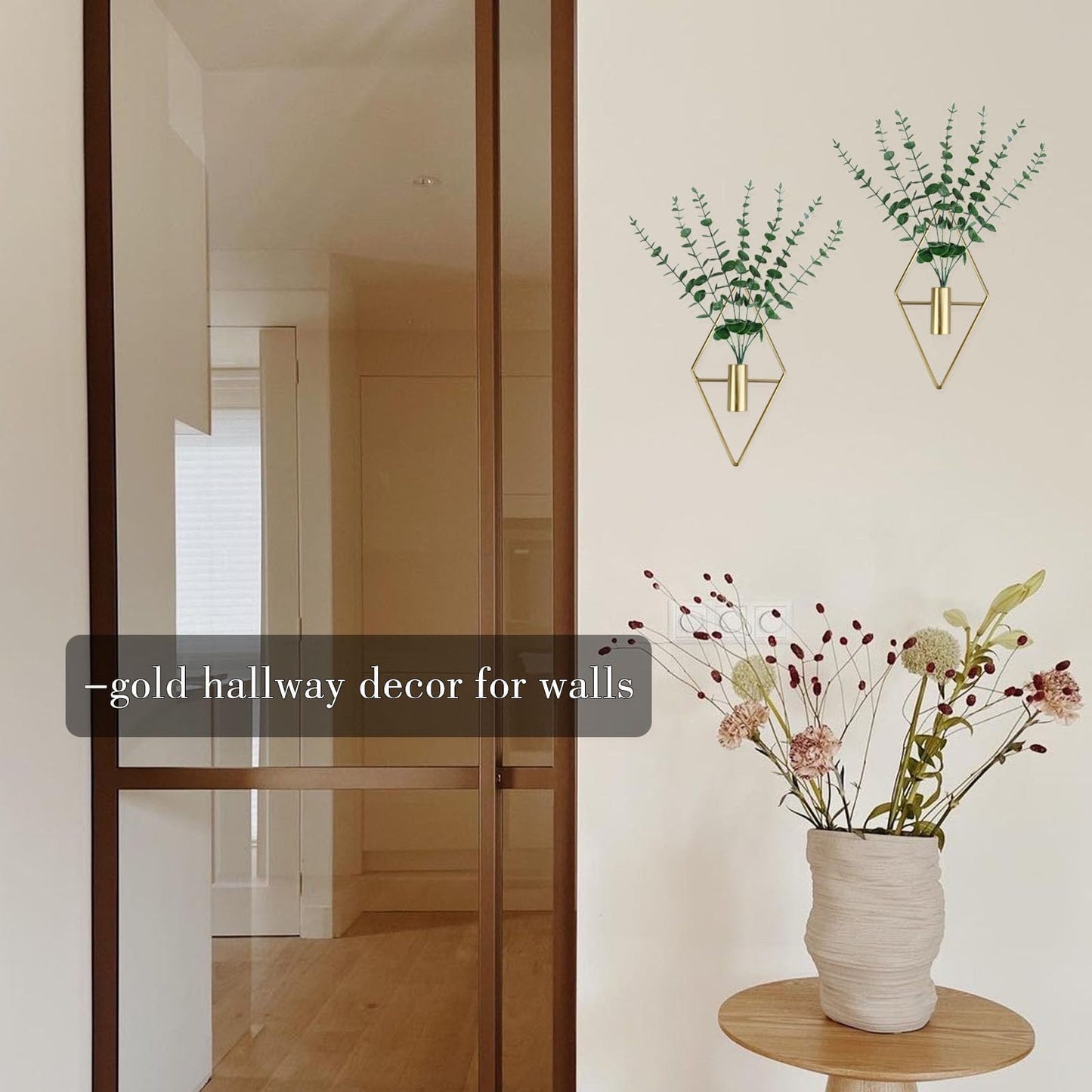 GREENTIME 2 Pack Wall Decor Hanging Planter with Faux Eucalyptus Gold Diamond Metal Hanging Vase Boho Wall Mounted Planter for Teacher Appreciation Living Room Bathroom Kitchen Outdoor Shelf