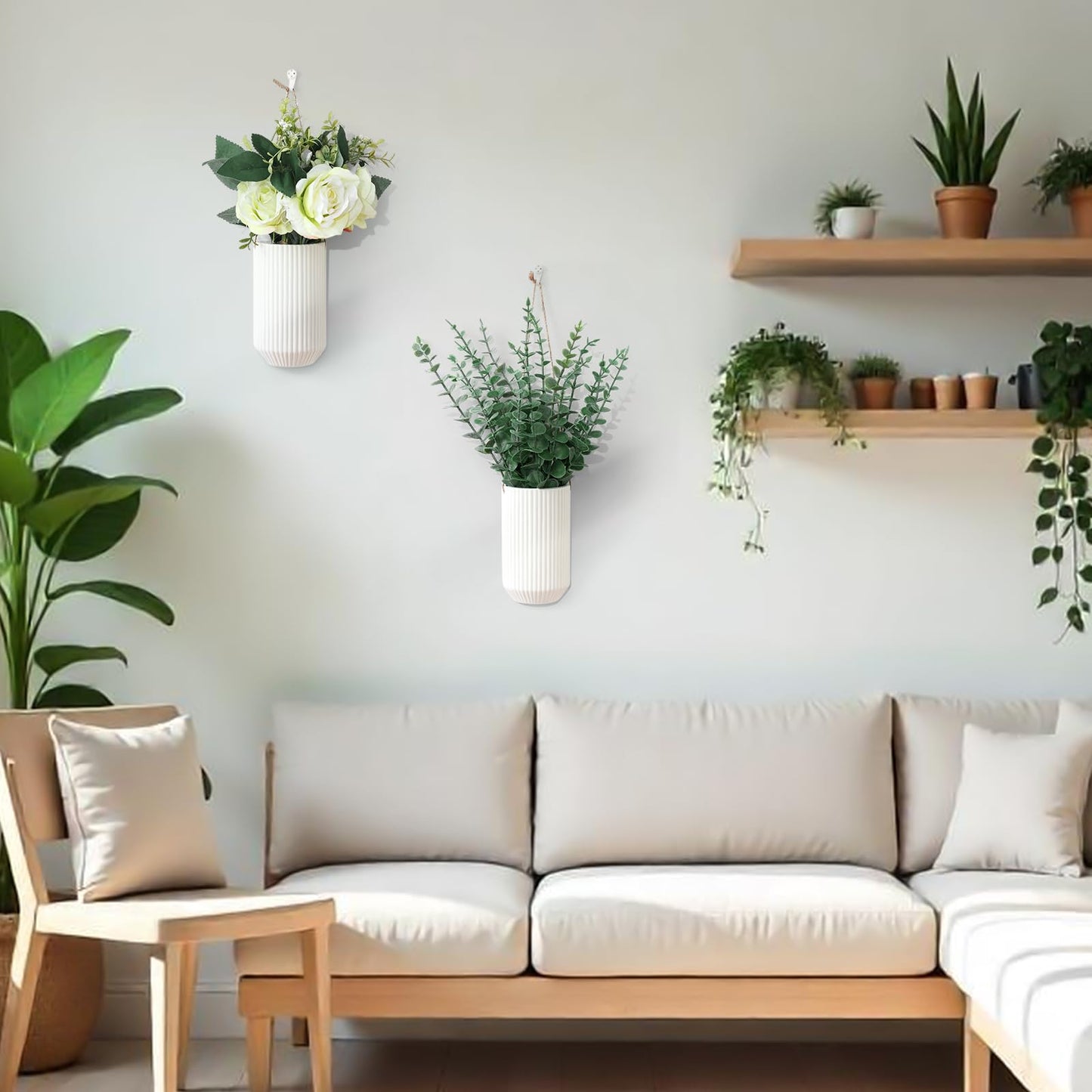 Ninehaoou 2 Pcs 5.9 Inch White Ceramic Wall Planter Modern Home Hanging Vase for Living Room Bedroom Bathroom Minimalist Indoor Ceramic Hanging Flower Vase for Dried Flowers Faux Greenery Plants
