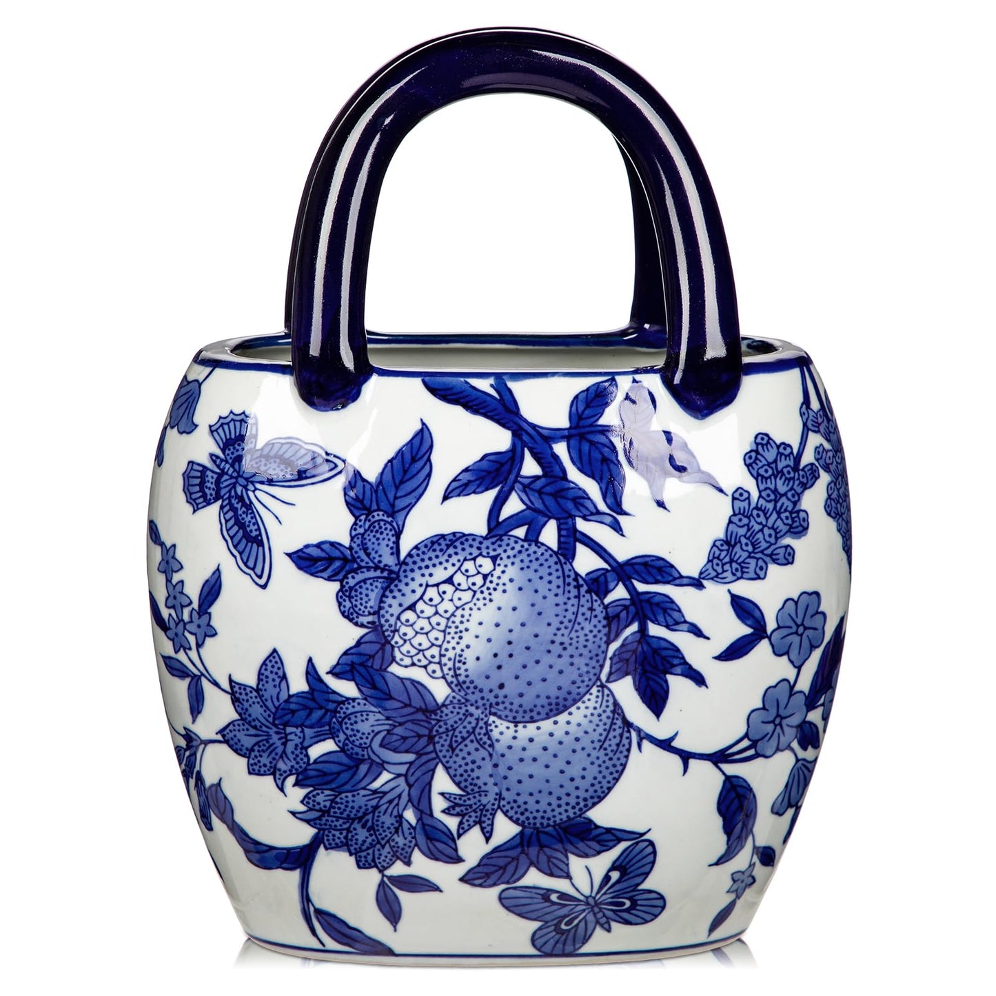 Ceramic Purse Vase for Flowers, Blue and White Porcelain Vases for Centerpieces Decorative Medium Handbag Vases for Flowers Pottery Chinoiserie Vase for Living Room Kitchen Dinner Table Shelf