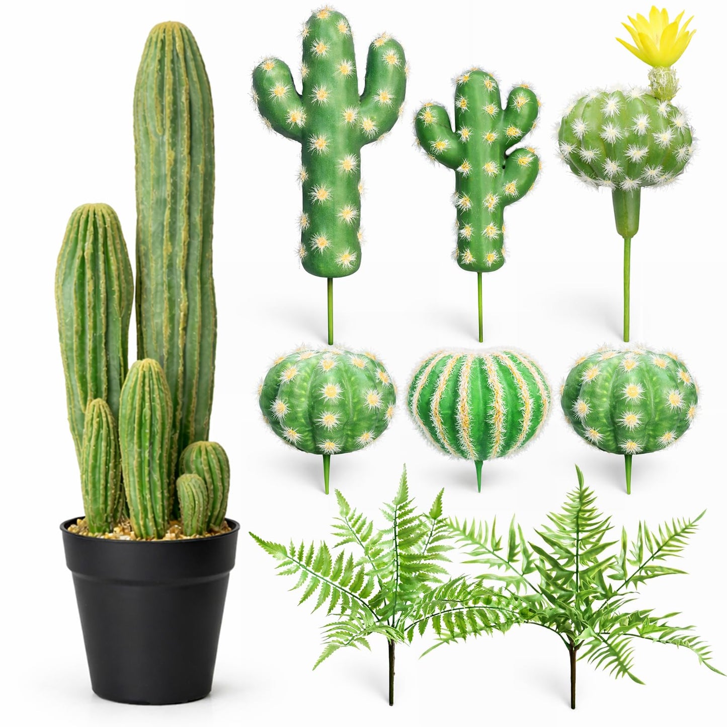 YXGTHGQZ Artificial Cactus Decor Set, 9 Piece Fake Cactus Plants Indoor, 24 Inch Large Faux Potted Cactus with 6 Cactus Picks and 2 Fern Stems