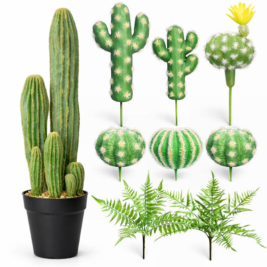 YXGTHGQZ Artificial Cactus Decor Set, 9 Piece Fake Cactus Plants Indoor, 24 Inch Large Faux Potted Cactus with 6 Cactus Picks and 2 Fern Stems