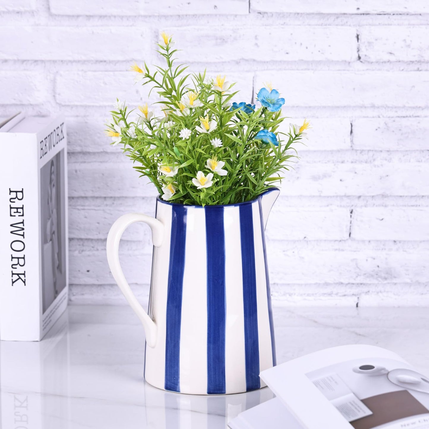 oliruim Ceramic Blue and White Pitcher Vase with Handle, Hand Painted Farmhouse Boho Pottery Jug for Decor Table Centerpiece, Kitchen, Home Desktop Decor Vase (Stripes)