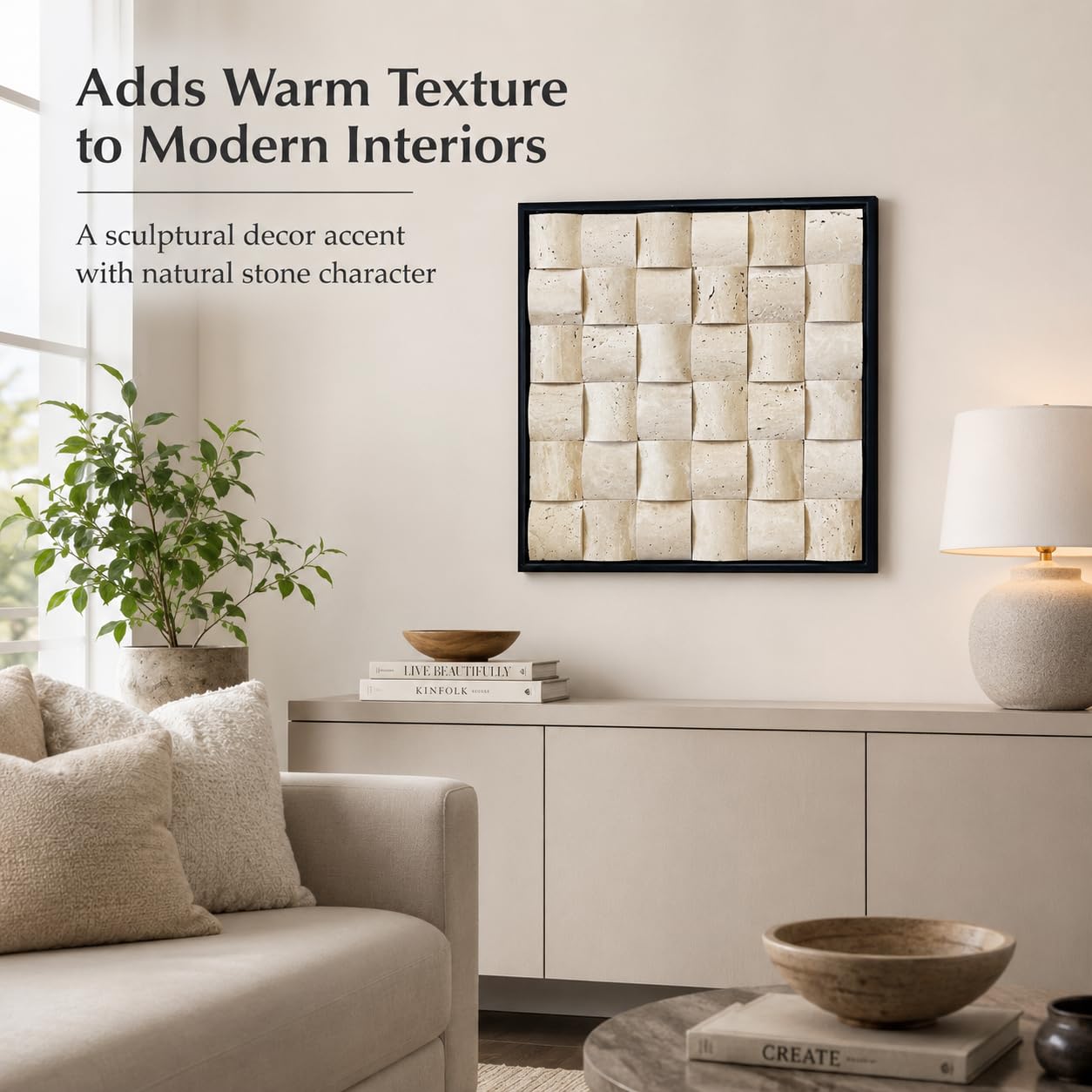 SIRIZEN-DIVING 3D Decorative Travertine Wall Art, Natural Stone Mosaic,Black Frame, Marble Decor, Marble Painting (Beige)