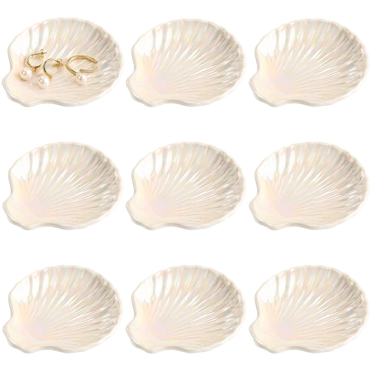 Toyosport 9 Pcs Ceramic Shell Dishes, 4.3 x 3.9 x 0.9 in Small Irregular Trinket Tray, Beach Style Decorative Organizer for Jewelry, Rings, Earrings, Keys, Home Bathroom Counter Decor (White)