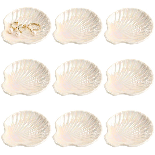 Toyosport 9 Pcs Ceramic Shell Dishes, 4.3 x 3.9 x 0.9 in Small Irregular Trinket Tray, Beach Style Decorative Organizer for Jewelry, Rings, Earrings, Keys, Home Bathroom Counter Decor (White)