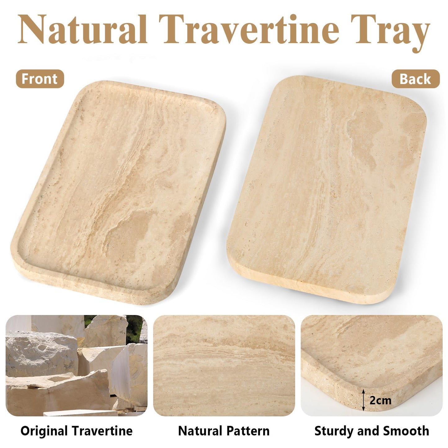 Moujings Natural Travertine Vanity Tray - Decorative Stone Marble Tray for Bathroom Countertop, Elegant Organizer for Home Decor, Jewelry, Candle, Makeup, Kitchen and Dresser Decor