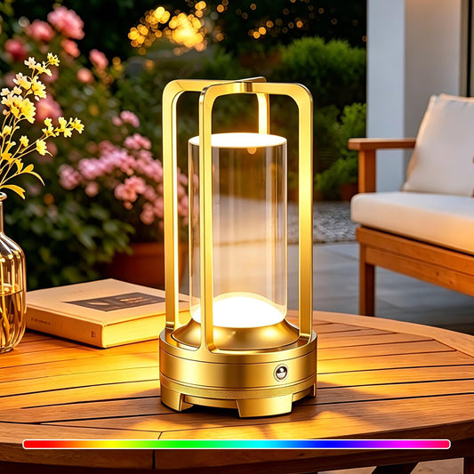 OCATO Rechargeable Table Lamp with 7 RGB: Portable Desk Lamp 3 Color Stepless Dimming Wireless Metal Battery Operated Cordless LED Lamps for Indoor Outdoor Bedroom Restaurant Coffee Shop Camping Gold