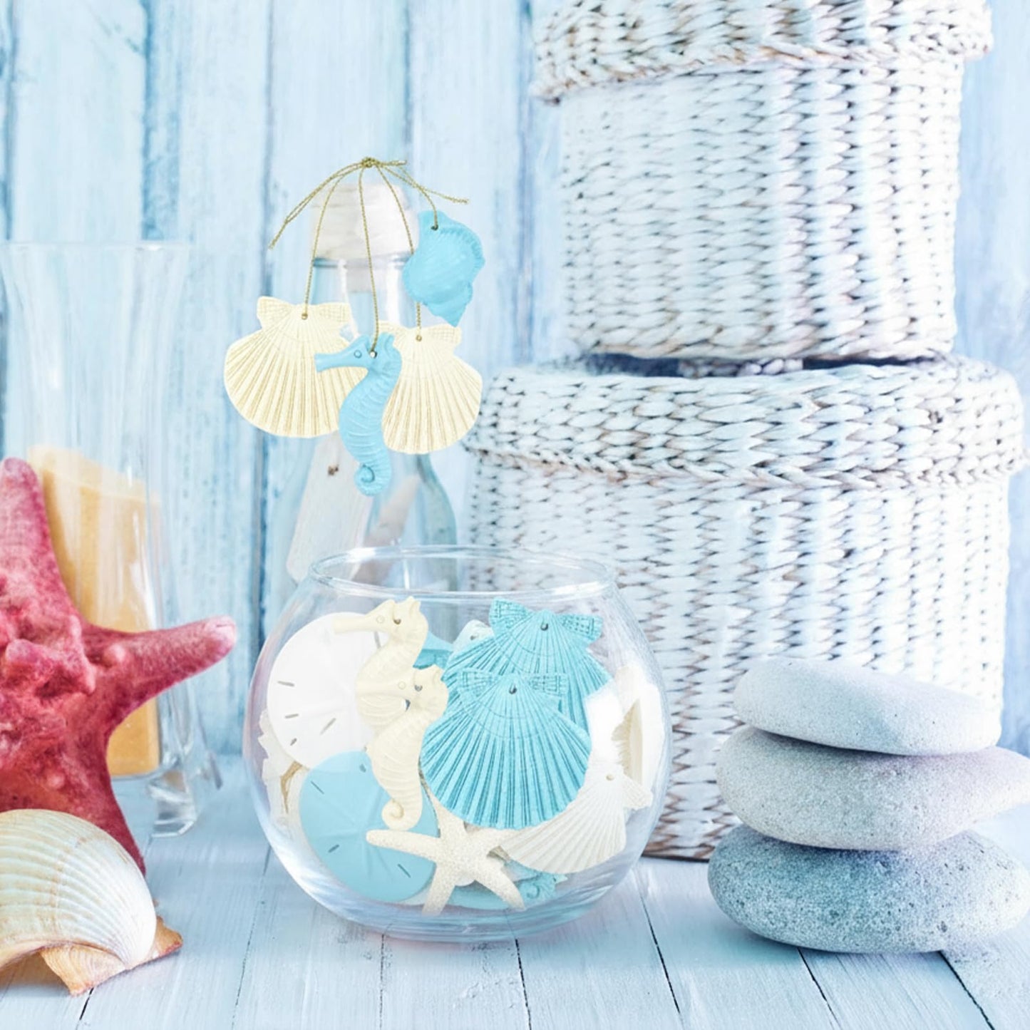 30 Pieces Resin Starfish Seahorse Sanddollar Conch & Seashells Set with Rope for Christmas Tree Hanging Ornaments Beach Theme Wedding Home Decor & DIY Crafts (Beige)