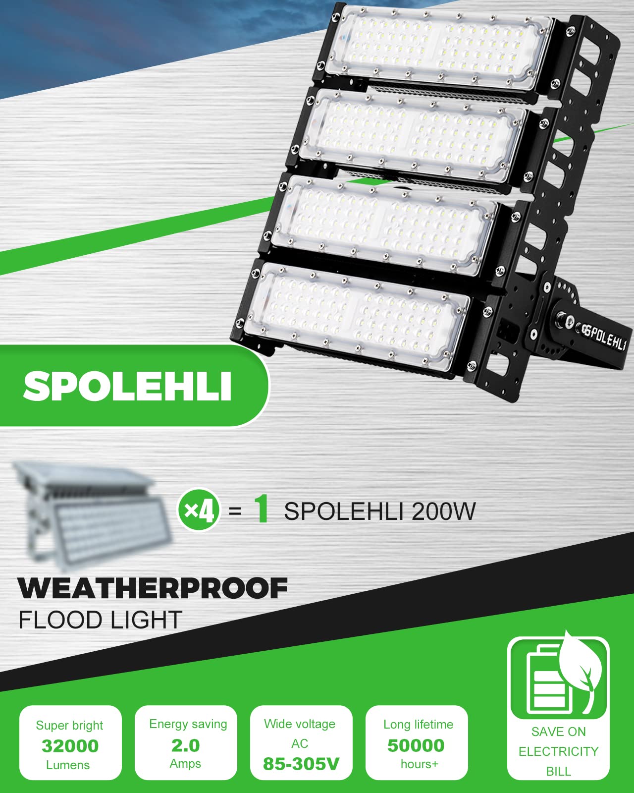 Spolehli LED Stadium Flood Lights 1200W Equivalent 32000LM Super Bright LED Arena Lights 85-305V IP66 Waterproof 6500K Daylight White 200W Outdoor Lighting for Farm Stadium Riding Arena Field Rink
