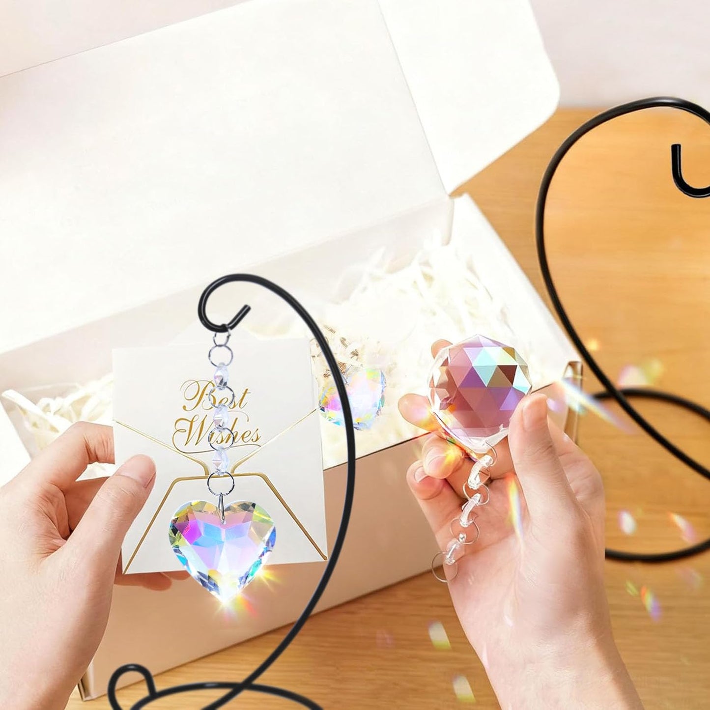 QuarenDen Tabletop Memorial Gifts, Ornament Display Stand With 40mm Crystal Ball and 45mm Heart Suncatcher Hanging, Crystal Ornament Rainbow Maker, Memorial Grief Bereavement Gifts
