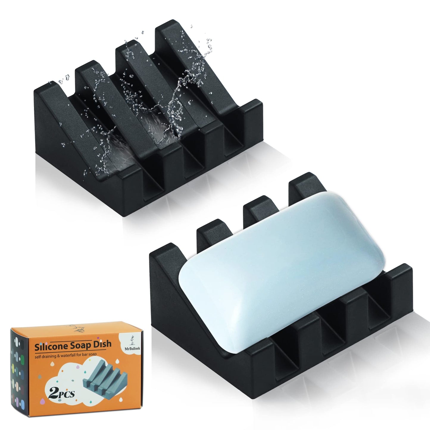 2 Pack Self Draining Silicone Soap Dish for Shower & Kitchen - Waterfall Bar Soap Holder Tray, Non-Slip Soap Saver Keeps Soap Dry, Easy to Clean, Extends Soap Life (Black)