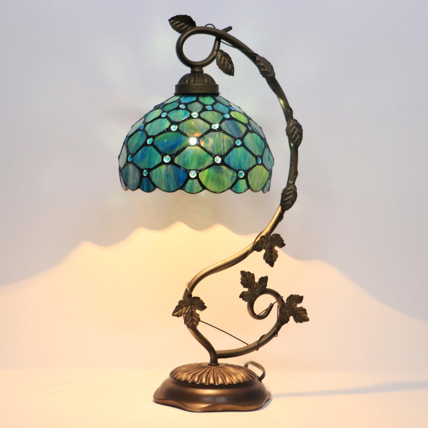 LXHCYOU Tiffany Table Lamp, Stained Glass Desk Light, 8X10X21 Inches, Metal Leaf Base (Sea Blue Pearl Style)