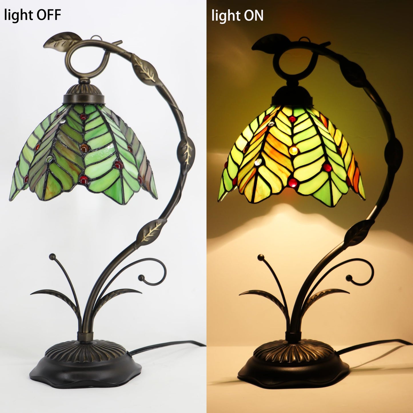 LXHCYOU Tiffany Table Lamp, Stained Glass Desk Reading Light, 8X10X19 Inches, Metal Leaf Base (Brown Green Leaf)