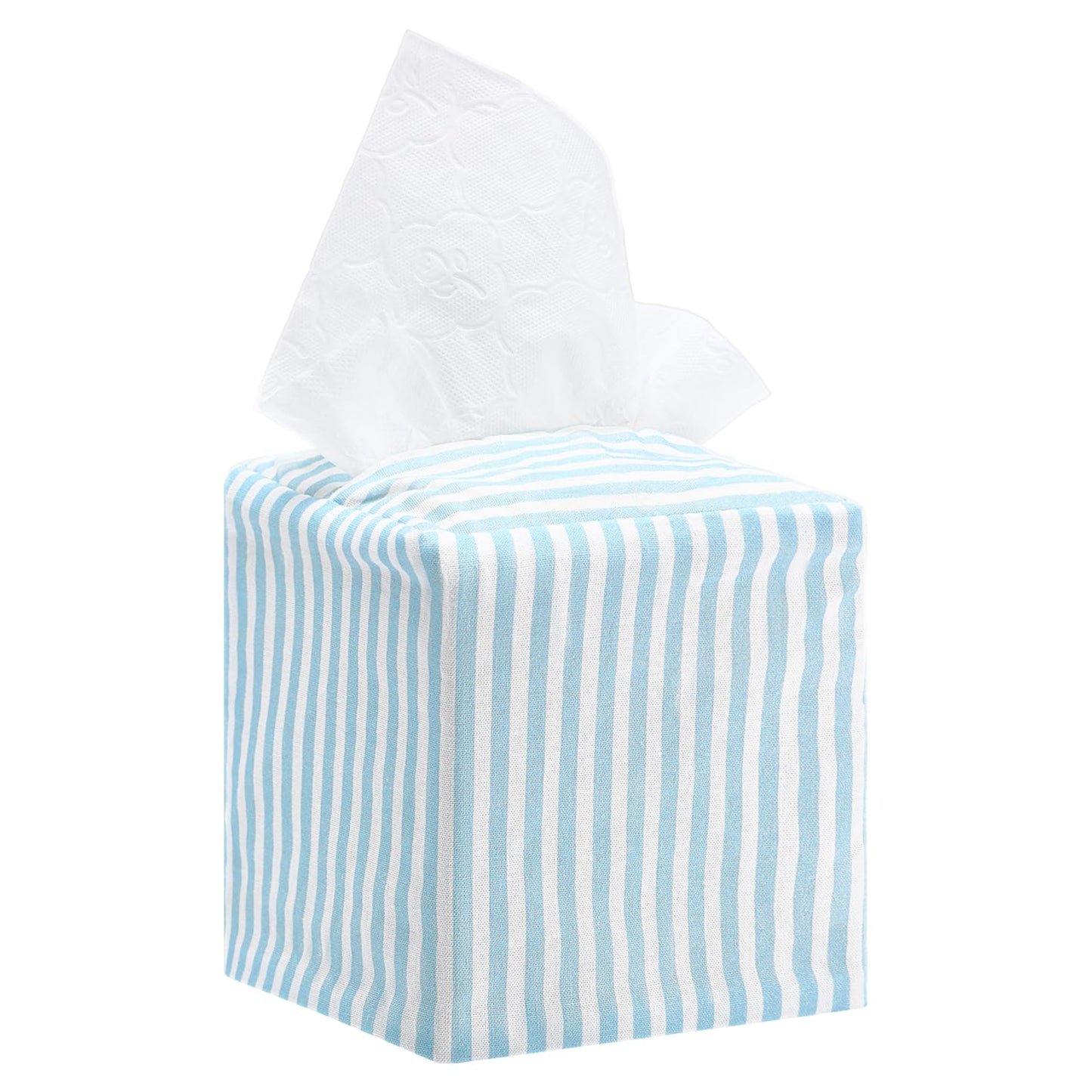 Potchen Tissue Box Cover Decorative Beach Square Napkin Holder Stylish Toilet Paper Storage Light Blue and White Stripe Tissue Box Cover for Summer Home Bedroom Living Room Bathroom Office Kitchen