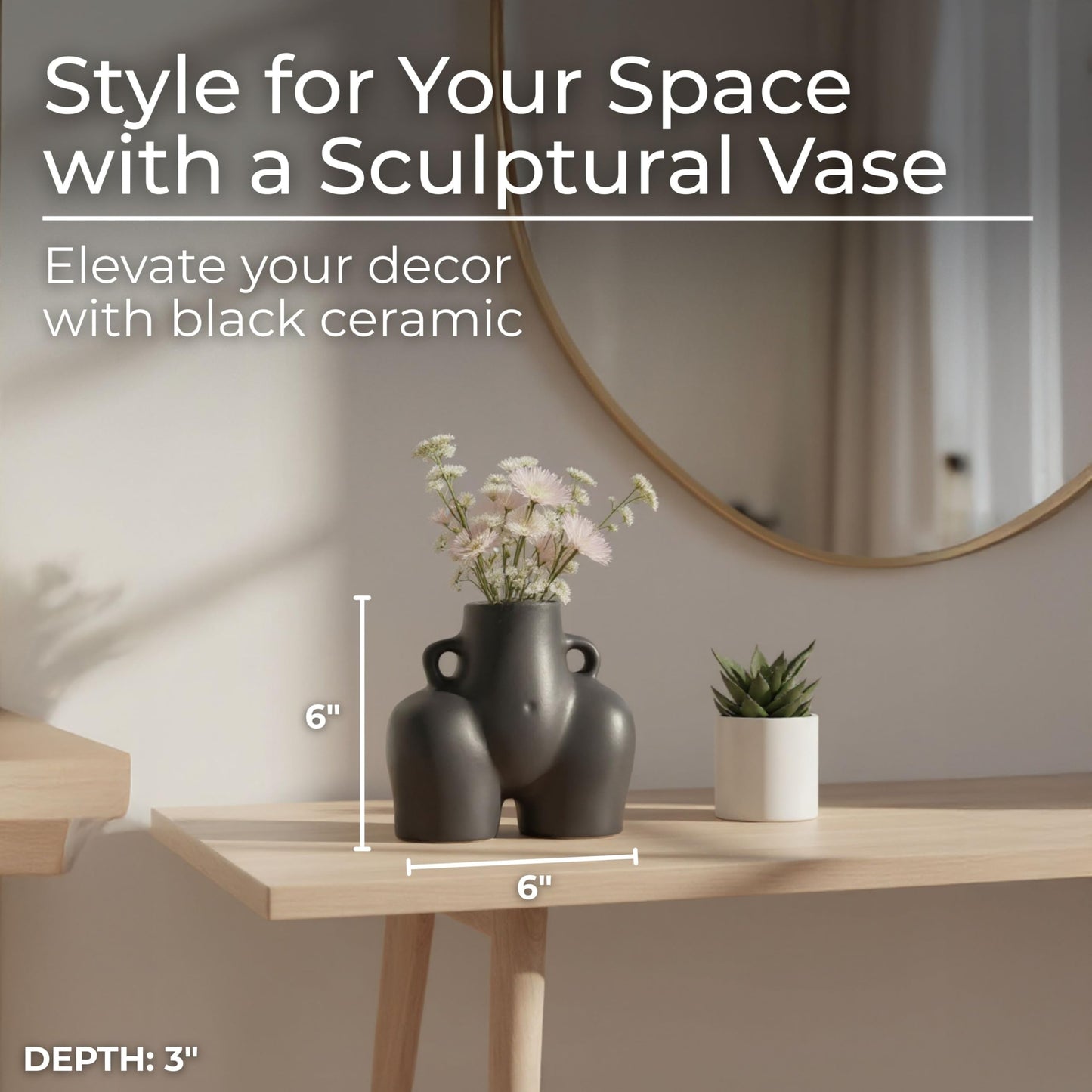 Ceramic Vase Flower Holder – Decorative Accent for Shelves or Tables, Living Room, Bedroom, or Office Placement, Modern Sculptural Home Decor Design for Visual Impact – 6", Black