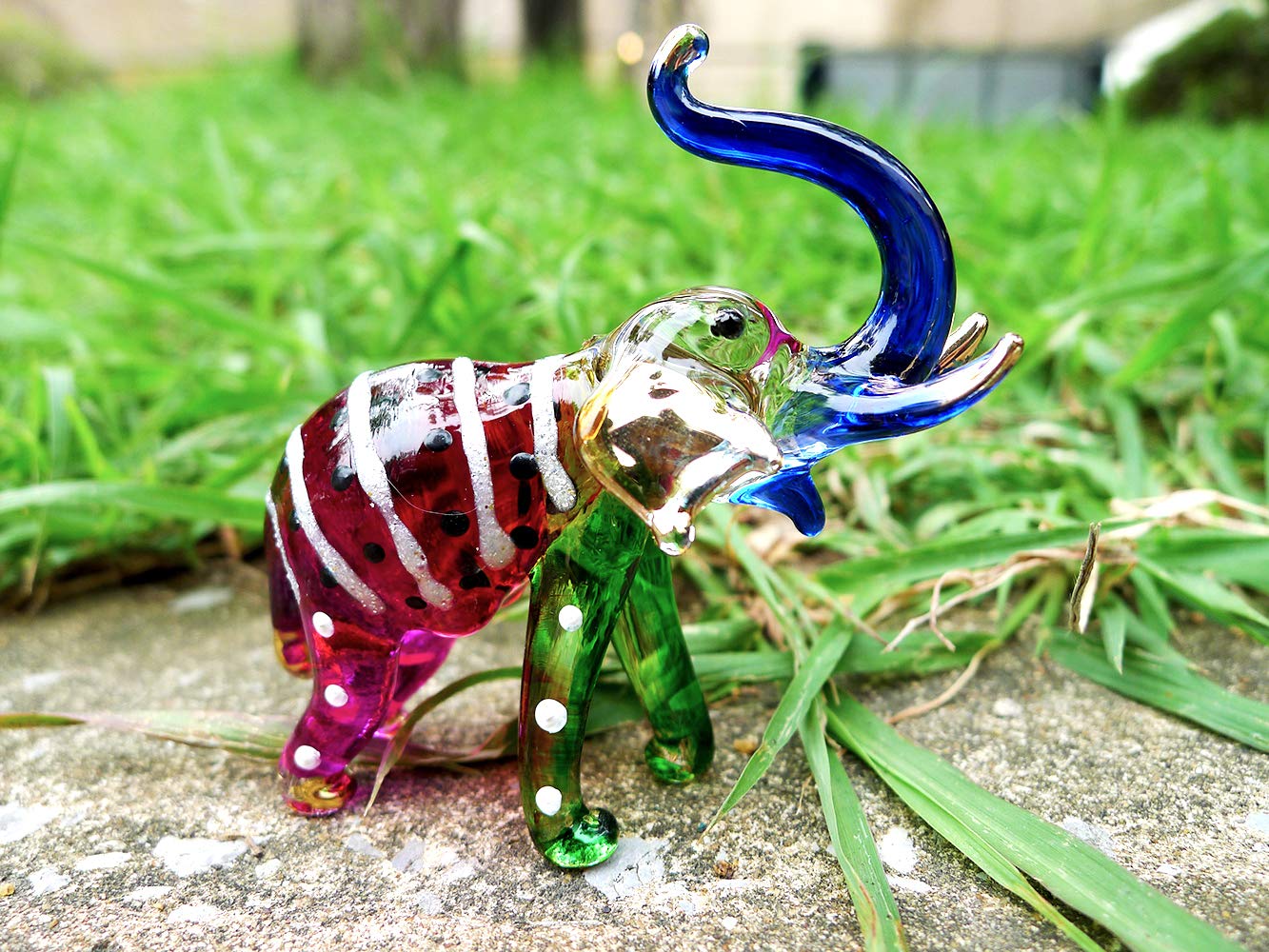 Sansukjai Elephant Tiny Miniature Hand Blown Glass Art Figurines Animals Collectible Gift Decorate, Trunk Up (Rainbow)