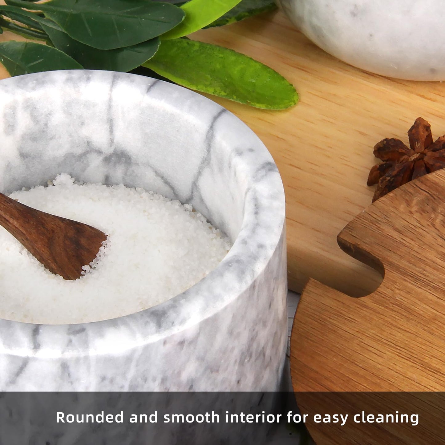 HESHIBI Marble Salt Cellar Box with Wood Lid & Spoon, Modern White Stone Salt or Pepper Sugar Spice Seasoning Bowl Container Jar Holder Well Keeper Dish Pig Crock for Kitchen (Light Grey Bowl)