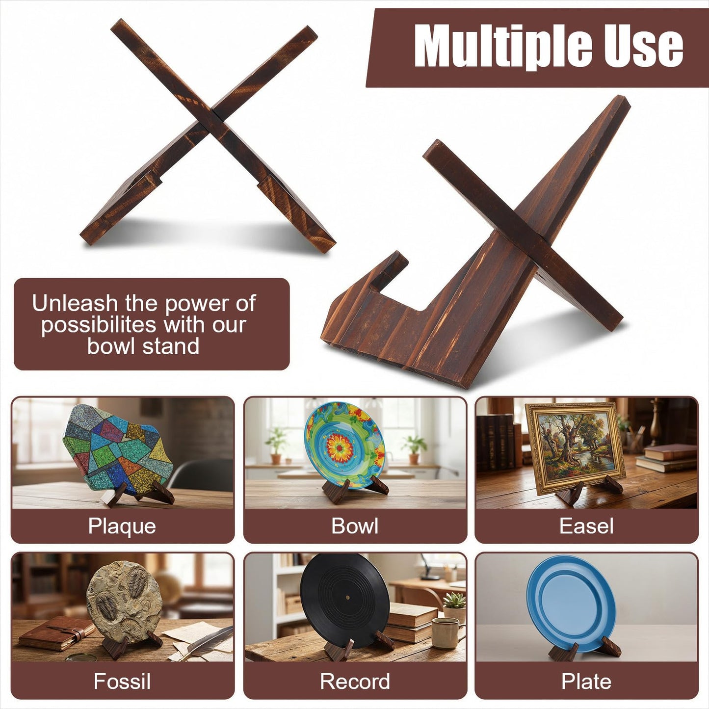 4 Pack Wood Bowl Display Stand For Display - 6.5 Inch Wooden Plate Holder Display Stand, Wooden Easel Frame Holder, Decorative Wood Display Plate Holders for Art, Rock, Mineral, Fossil, Clock, Book