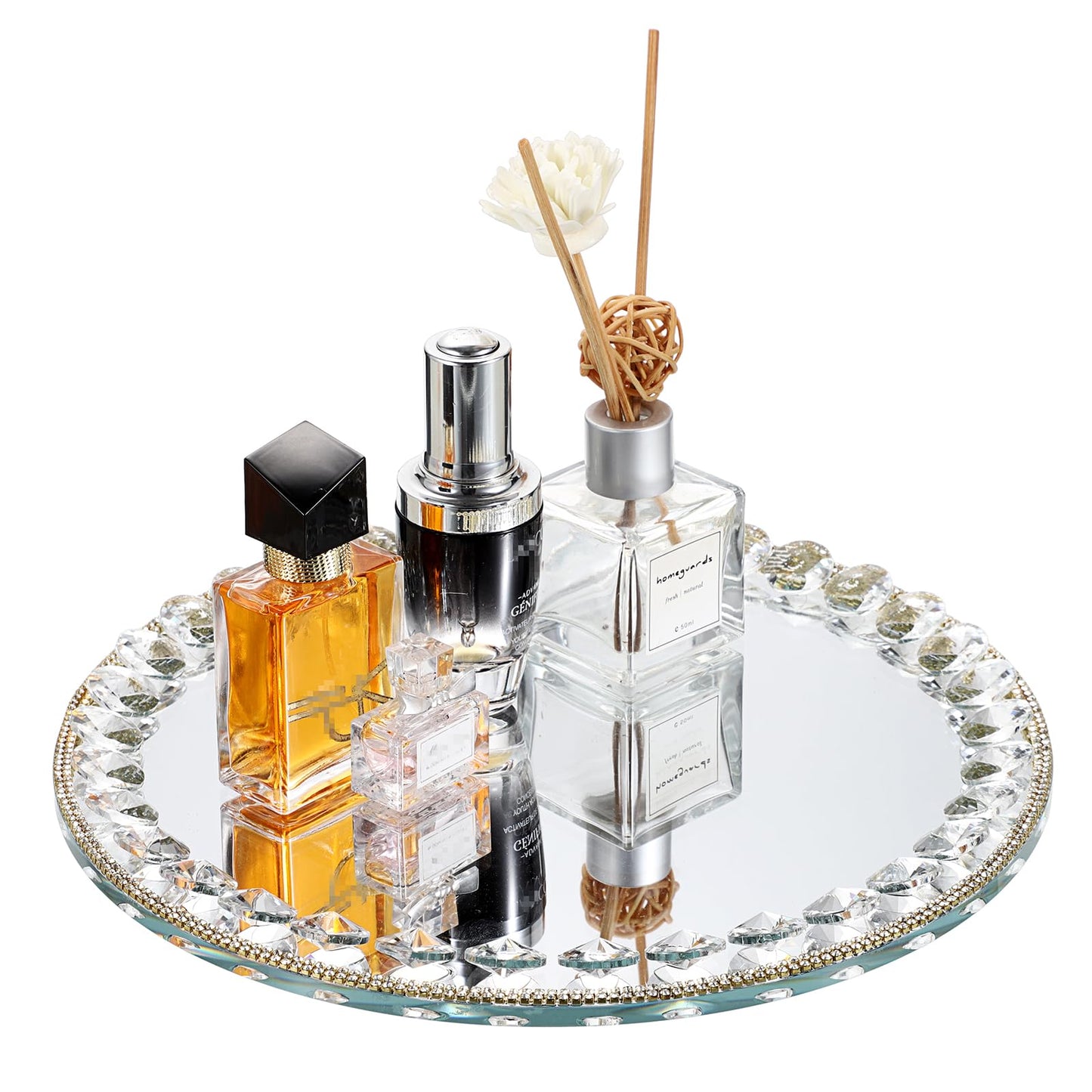 Hipiwe Mirror Glass Vanity Tray Sparkling Crystal Perfume Tray Round Decorative Tray Gorgeous Makeup Organizer Tray Jewelry Trinket Tray for Bathroom Dresser Table, 10.6 inch