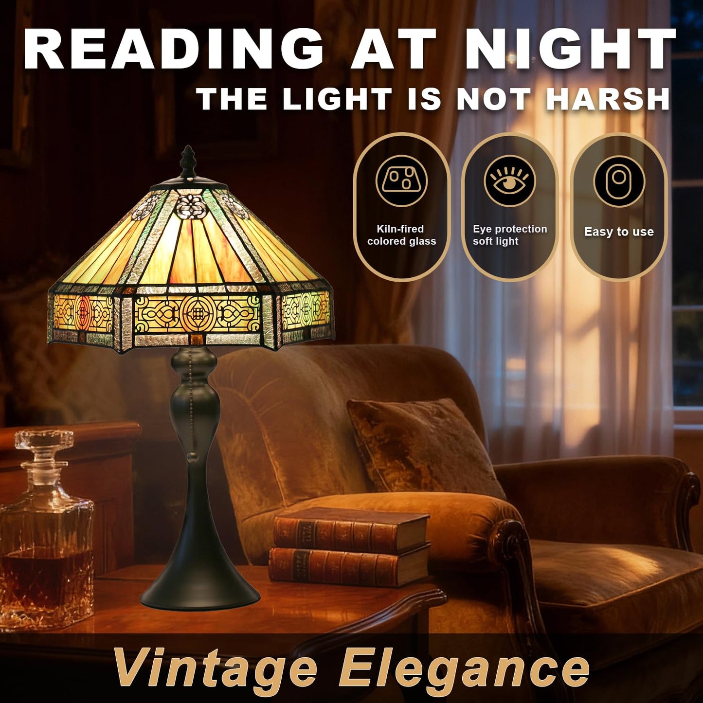 TFNALNB Tiffany Style Table Lamp, Stained Glass Lamp, 12x12x19 Inch, Vintage Metal Base Desk Light,（Amber）