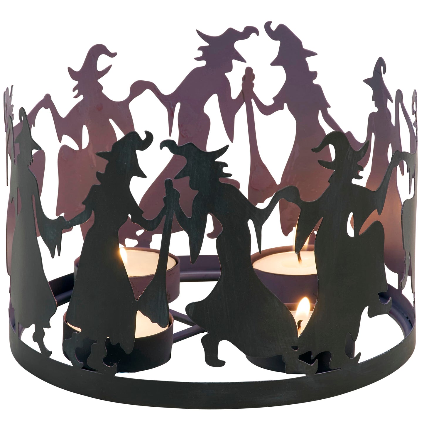 Primitives by Kathy Decorative Candle Holder, from Our Halloween Collection with Dimensional Design of Witch Shaped Metal Cutouts Surrounding 4 Metal Candle Holders, illuminates Dancing Witch Design